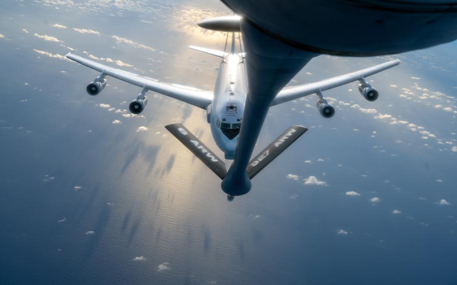 An E-3 Sentry aircraft refuels somewhere over the Indo-Pacific region during Mobility Guardian 23, July 12, 2023.