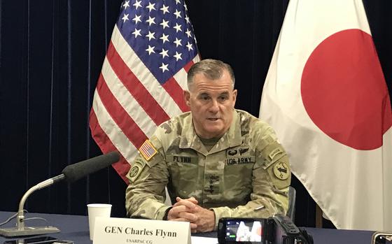 U.S. Army Pacific commander Gen. Charles Flynn speaks to reporters during a media roundtable at U.S. Embassy Tokyo, Wednesday, April 3, 2024. 