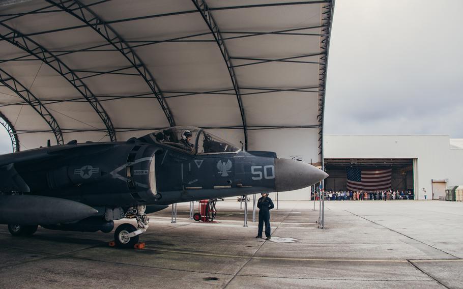 U.S. Marines assigned to Marine Attack Squadron 231 Detachment, Marine Medium Tiltrotor Squadron 162 (Reinforced), 26th Marine Expeditionary Unit (Special Operations Capable) prepare to disembark an AV-8B Harrier after returning from deployment at Marine Corps Air Station Cherry Point, N.C., Saturday, March 16, 2024.