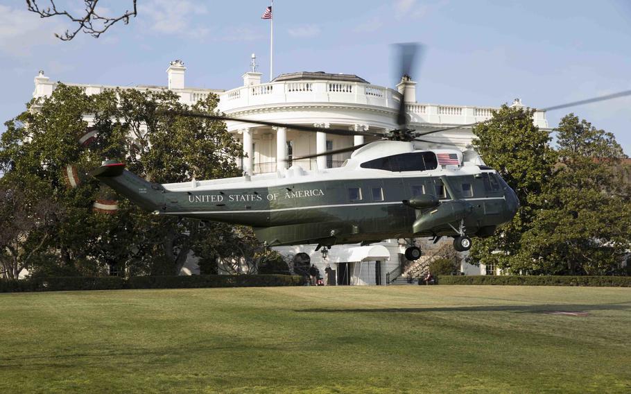 U.S. Marine pilots with Marine Helicopter Squadron One practice landing and takeoff of Marine One on the south lawn of the White House in Washington, D.C., March 18, 2017. The Marine pilots practice maneuvering the Sikorsky SH-3 Sea King as part of their training to support the President of the United States. 