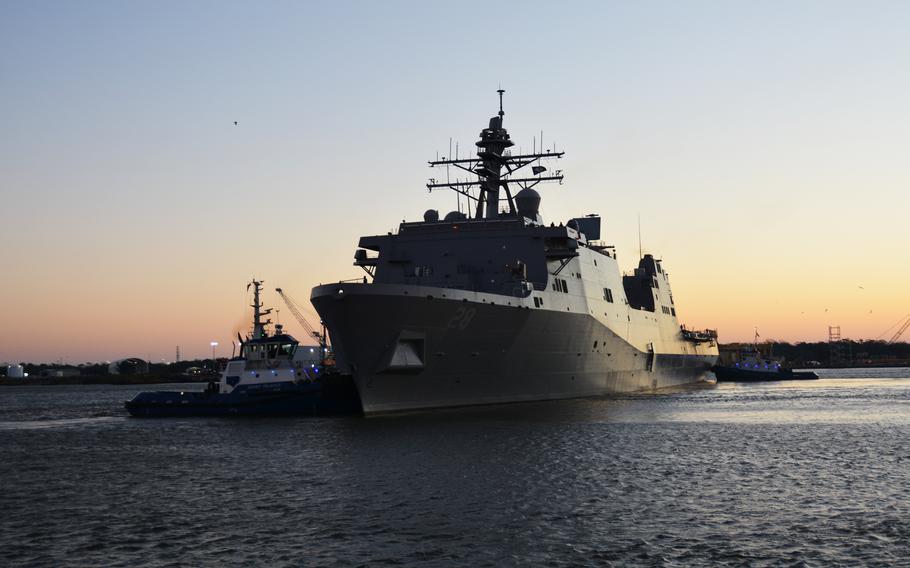 The future USS Fort Lauderdale (LPD 28) departs Huntington Ingalls Shipyard in Pascagoula, Miss., Jan. 26, 2022, to conduct Acceptance Trials in the Gulf of Mexico. A commissioning ceremony to mark the ship’s entry into active service will be held at Port Everglades, Fort Lauderdale, Fla., on July 30 at 10 a.m. in an invitation-only event.