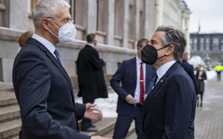 Secretary of State Antony Blinken, right, meets with Latvian Prime Minister Krisjanis Karins, in Riga, Latvia, Nov. 30, 2021. Blinken is in Latvia for two days of NATO talks that alliance officials say will address Russia's troop buildup on the Ukrainian border.