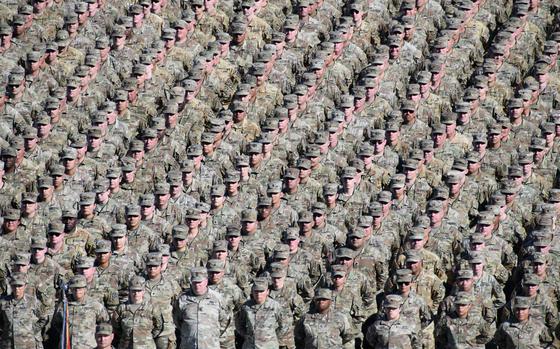 Thousands of U.S. soldiers stand in formation Dec. 3, 2023. The European Union has been aware of a purported Pentagon plan to pull 10,000 U.S. troops from Europe since the administration of President Joe Biden, Italy's defense minister said this week.