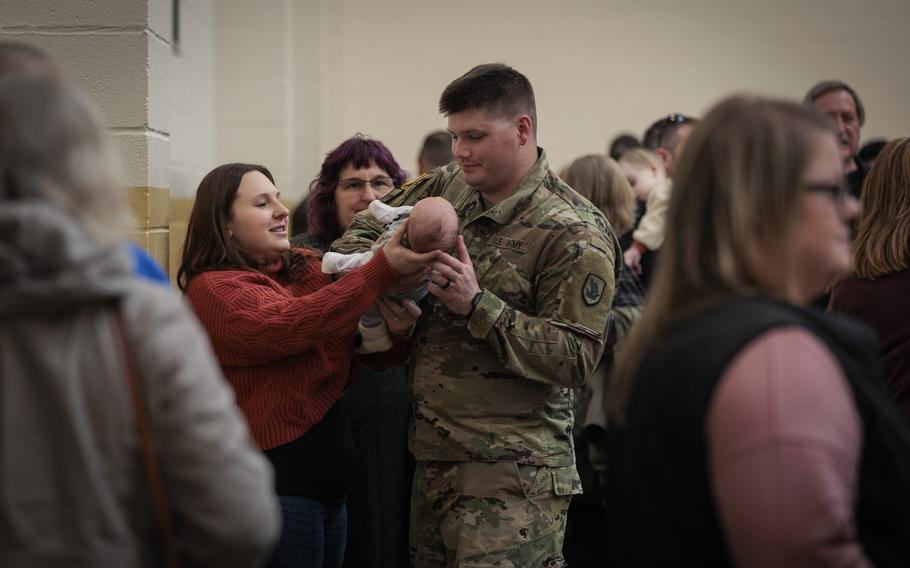 Washington National Guard soldiers with the 506th Military Police Detachment, 420th Chemical Battalion, 96th Troop Command, case the unit colors during a ceremony on Joint Base Lewis-McChord, Wash., Oct. 29, 2023. The detachment is deploying to Jordon in support of Operation Spartan Shield.