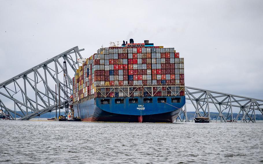 The container ship Dali is seen in the wreckage of Francis Scott Key Bridge on April 1, 2024.