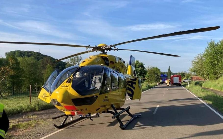 A rescue helicopter sits at the scene of an accident where Sgt. 1st Class Michelle Paris, a combat medic who now works at Sembach Kaserne in Germany, treated the victims. One of them was bleeding from a chest wound.
