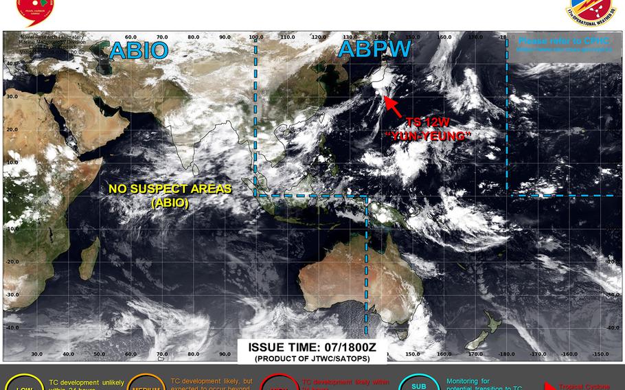 Fleet Activities Yokosuka and NAF Atsugi resume seasonal TCCORs. Yun-yeung continues making its way inland west of Tokyo.