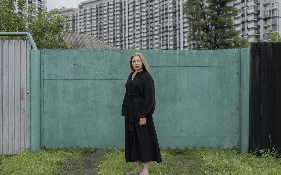 Ukrainian folk singer Maria Kvitka poses for a portrait in Kyiv on July 27, 2023.