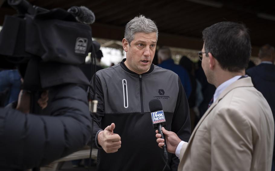 U.S. Rep. Tim Ryan, Democratic candidate for U.S. Senate in Ohio, speaks with Fox News during a rally in support of the Bartlett Maritime project, a proposal to build a submarine service facility for the U.S. Navy, on May 2, 2022, in Lorain, Ohio. 