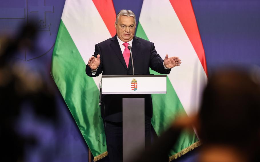 Viktor Orban, Hungary’s prime minister, during his annual news conference in Budapest, Hungary, on Dec. 21, 2023. 