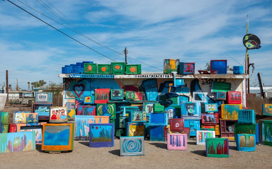 Jack Parker’s “Bombay Beach TVs,” an art installation, is seen in Bombay Beach, Calif. on Oct. 22, 2021. 