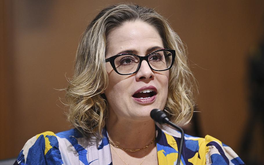 Sen. Kyrsten Sinema of Arizona speaks during a hearing on Oct. 19, 2021, in Washington, D.C. 