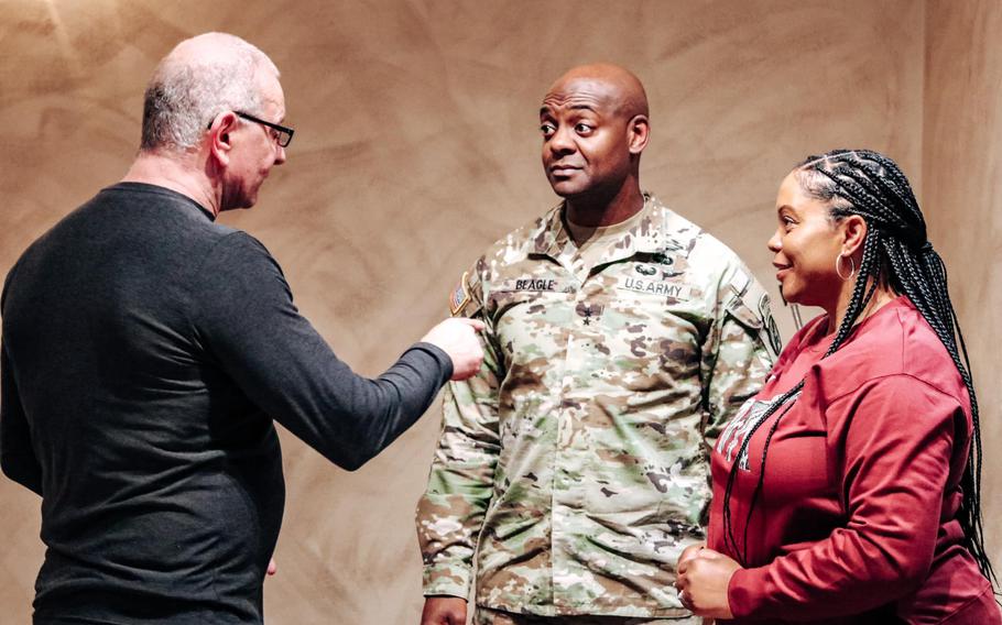 Gen. Milford Beagle, commanding general of the 10th Mountain Division, talks with celebrity chef Robert Irvine at Fort Drum. Irvine visited Fort Drum this week as part of the Breaking Bread with Heroes program through the Robert Irvine Foundation, which he founded in 2014.