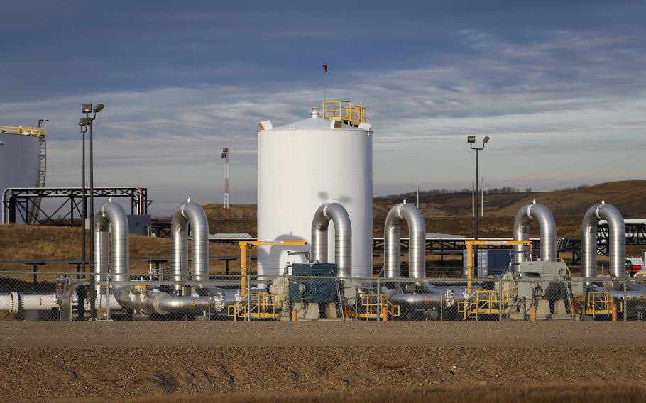 A Keystone pipeline facility sits in Hardisty, Alberta, on Nov. 6, 2015. The Keystone XL is dead after a 12-year attempt to complete the partially built oil pipeline. But the fight over Canadian crude rages on as emboldened environmentalists target other projects and pressure President Joe Biden to intervene.