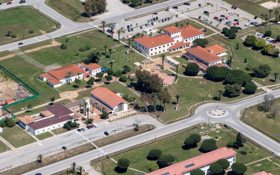 An aerial image shows buildings at Naval Station Rota.