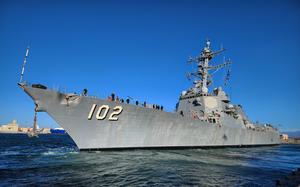 PORT HUENEME, Calif. (Nov. 15, 2024) The Arleigh Burke-class Aegis guided-missile destroyer USS Sampson (DDG 102) conducts a routine port call onboard Naval Base Ventura County (NBVC) Port Hueneme, Nov. 15, 2024. NBVC is major shore warfighting platform; providing sustained ready forces to deploy, fight, and win. Composed of three operating facilities: Point Mugu, Port Hueneme and San Nicolas Island and home of the Pacific Seabees, West Coast E-2D Hawkeyes, 3 warfare centers and 110 tenant commands. (U.S. Navy photo by Electrician's Mate 2nd Class Ace-Addison Tapit)