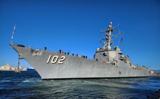 PORT HUENEME, Calif. (Nov. 15, 2024) The Arleigh Burke-class Aegis guided-missile destroyer USS Sampson (DDG 102) conducts a routine port call onboard Naval Base Ventura County (NBVC) Port Hueneme, Nov. 15, 2024. NBVC is major shore warfighting platform; providing sustained ready forces to deploy, fight, and win. Composed of three operating facilities: Point Mugu, Port Hueneme and San Nicolas Island and home of the Pacific Seabees, West Coast E-2D Hawkeyes, 3 warfare centers and 110 tenant commands. (U.S. Navy photo by Electrician's Mate 2nd Class Ace-Addison Tapit)