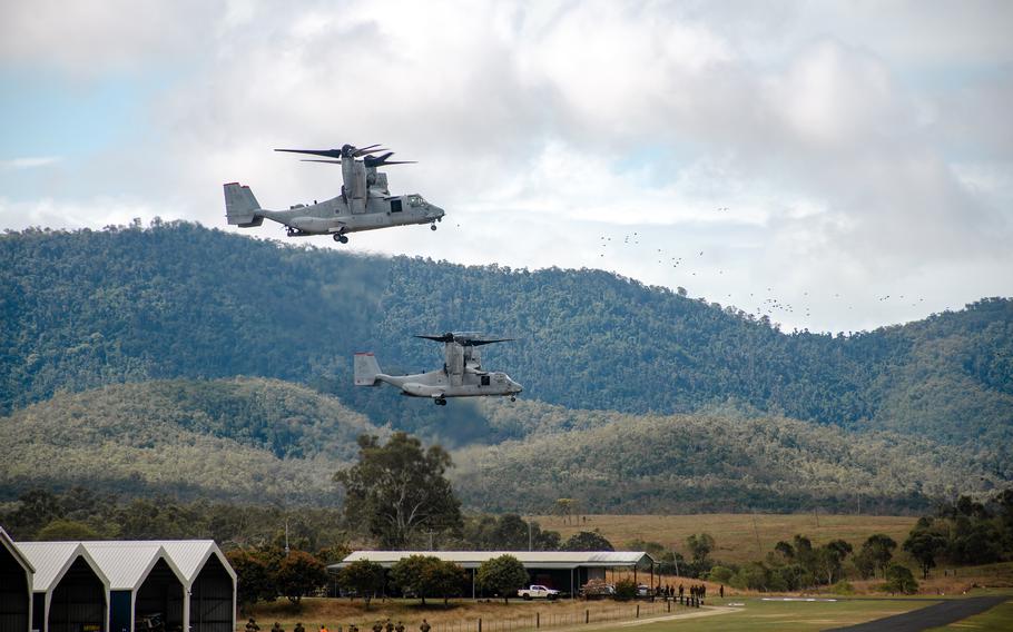 U.S. Marine Corps MV-22 Ospreys carry out an air assault at Bloomsbury Airfield in Midge Point, Australia, Friday, June 28, 2023.
