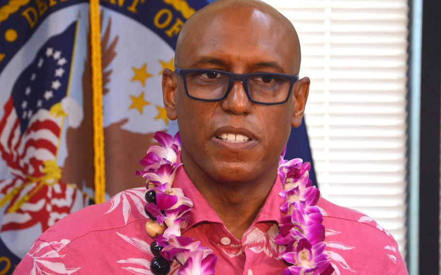 Donald Remy, deputy secretary of Veterans Affairs, speaks to reporters Aug. 17, 2022, at Spark M. Matsunaga VA Medical Center in Honolulu.