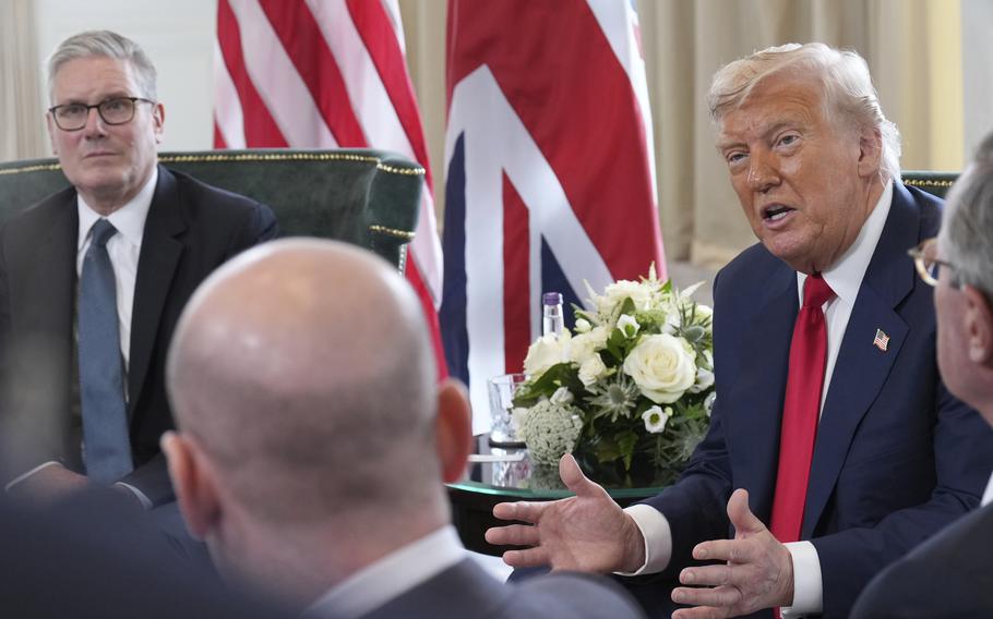 President Donald Trump and Britain’s Prime Minister Keir Starmer speak with the media 