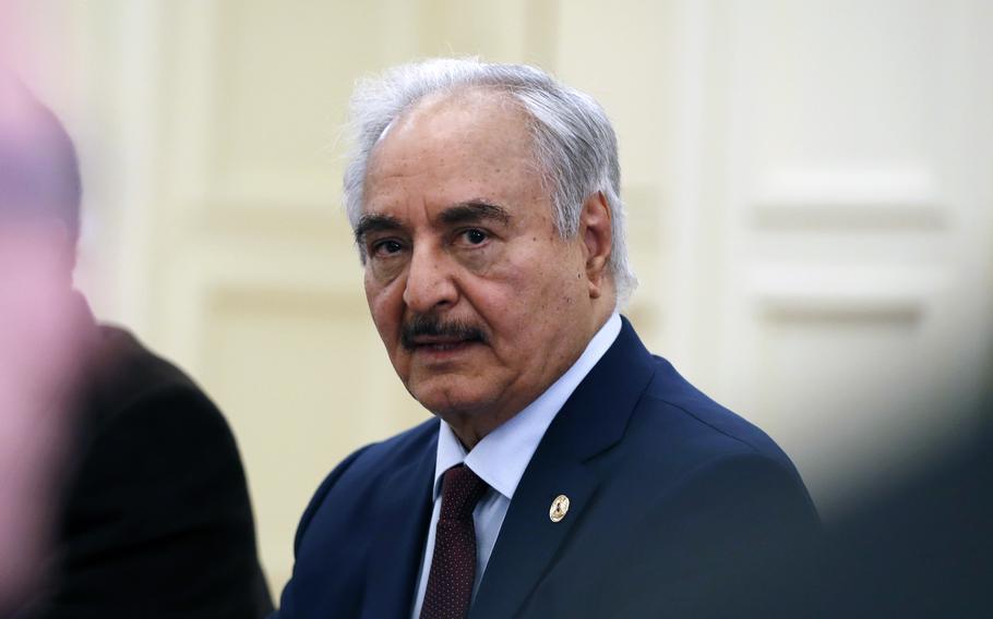 In this Jan. 17, 2020 file photo, Libyan Gen. Khalifa Hifter joins a meeting with the Greek Foreign Minister Nikos Dendias in Athens.