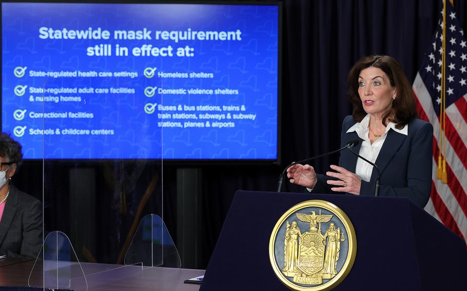 New York Governor Kathy Hochul speaks during a COVID-19 press conference on Feb. 9, 2022, in New York City. 