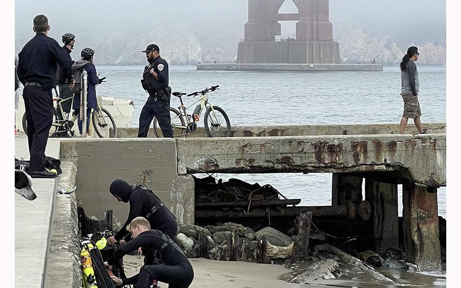 Divers helped locate and rescue a man who fell off a San Francisco pier on Tuesday, May 16, 2023.