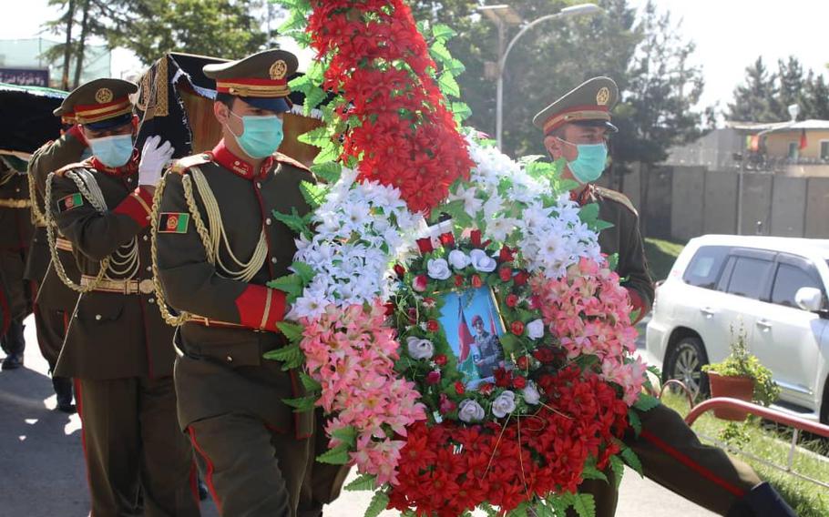 Mourners remember the life of Maj. Sohrab Azimi, an American-educated Afghan commando, in a funeral in Kabul, Afghanistan, June 19, 2021.