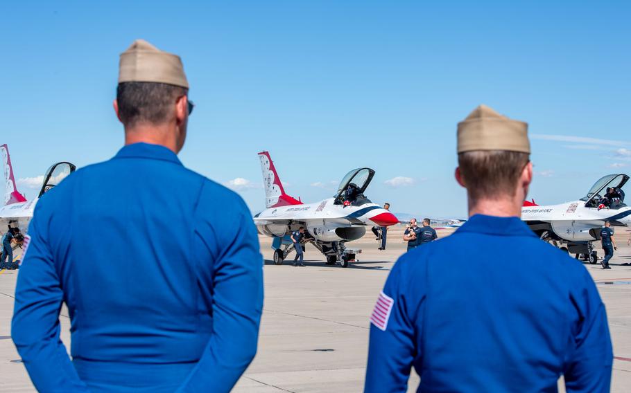 The U.S. Navy Flight Demonstration Squadron, the Blue Angels, welcome the U.S. Air Force Air Demonstration Squadron, the Thunderbirds to Naval Air Facility (NAF) El Centro, Thursday, Feb. 22, 2024.