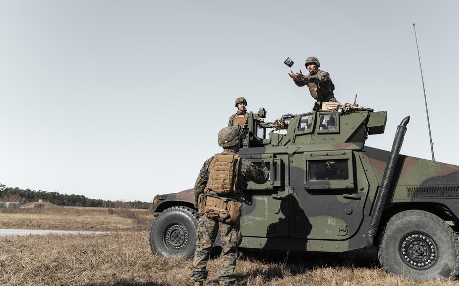 U.S. Marines with Combat Logistics Regiment 27, 2nd Marine Logistics Group, participate in an exercise on Camp Lejeune, N.C., Jan. 22, 2020. Members of the 2nd Marine Division were involved in a Humvee fire on U.S. Highway 17, south of Jacksonville, N.C., on Thursday, Marine officials said.