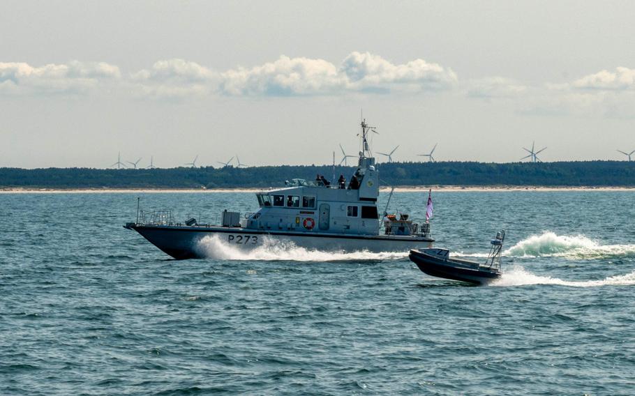 A boat conducts operations in the Baltic Sea