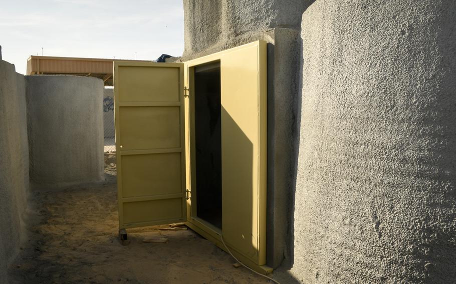 A $2.4 million project at Ali Al Salem Air Base in Kuwait aims to renovate air raid bunkers, base officials said Nov. 28, 2022. The bunkers have a new design with steel doors to seal both ends of the enclosure, which engineers say will lower the impact of blast waves should missiles strike.