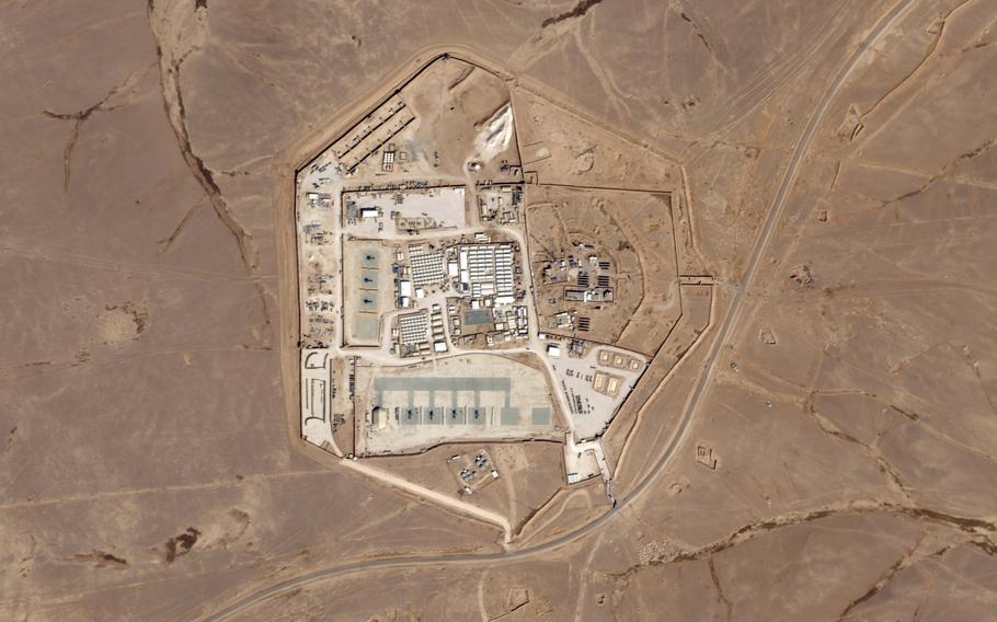 This satellite photo from Planet Labs PBC shows a military base known as Tower 22 in northeastern Jordan, on Oct. 12, 2023. Three American troops were killed and “many” were wounded Sunday, Jan. 28, 2024.