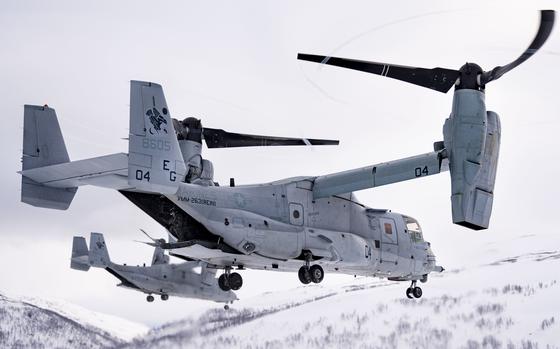 Two U.S. Marine Corps MV-22 Ospreys assigned to the Aviation Combat Element, 22nd Marine Expeditionary Unit, take off during an exercise in Bardufoss, Norway, on April 17, 2022. 