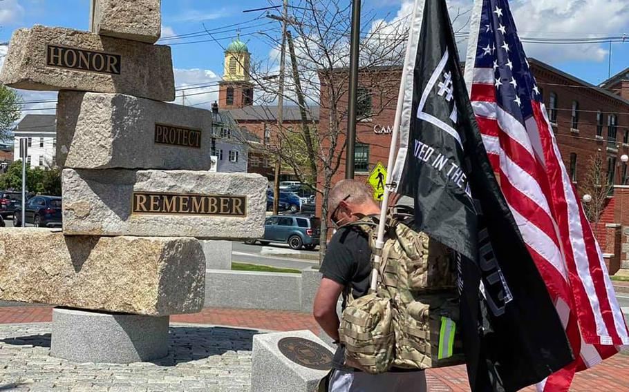 Air Force veteran Jim Taylor walked 22.75 miles in New Hampshire, from Wallis Sands in Rye to Hampton Beach State Park, and back again, to raise awareness about veteran suicides and raise funds for Mission 22, which provides help for treatment for post-traumatic stress and traumatic brain injury.