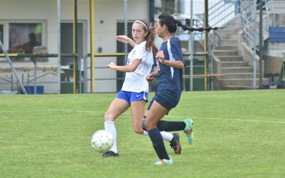 Rota’s Jourdan Timmons scored once for the Admirals and tried to get another one here in the second half in a 3-0 victory over the Aviano Saints on Saturday, April 27, 2024.