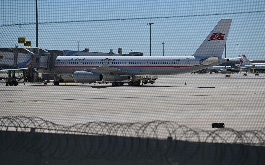An Air Koryo plane is seen at Beijing Capital Airport on Aug. 22, 2023. North Korea’s first international commercial flight in three years landed in Beijing on Aug. 22 after the country had been largely closed off from the outside world since early 2020, when it shut its borders in response to the COVID-19 pandemic.
