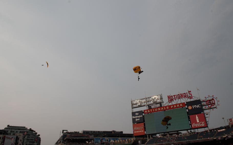 The U.S. Army Golden Knights. drop in for U.S. Army Day at Nationals Park in Washington, D.C., on Friday, June 16, 2023. The Nationals hosted the Miami Marlins.