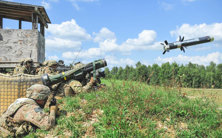 A 173rd Airborne Brigade paratrooper fires an FGM-148 Javelin missile during an exercise at Grafenwoehr Training Area, Germany, in 2019. Romania is requesting an $80 million purchase of the anti-tank missiles and related gear.