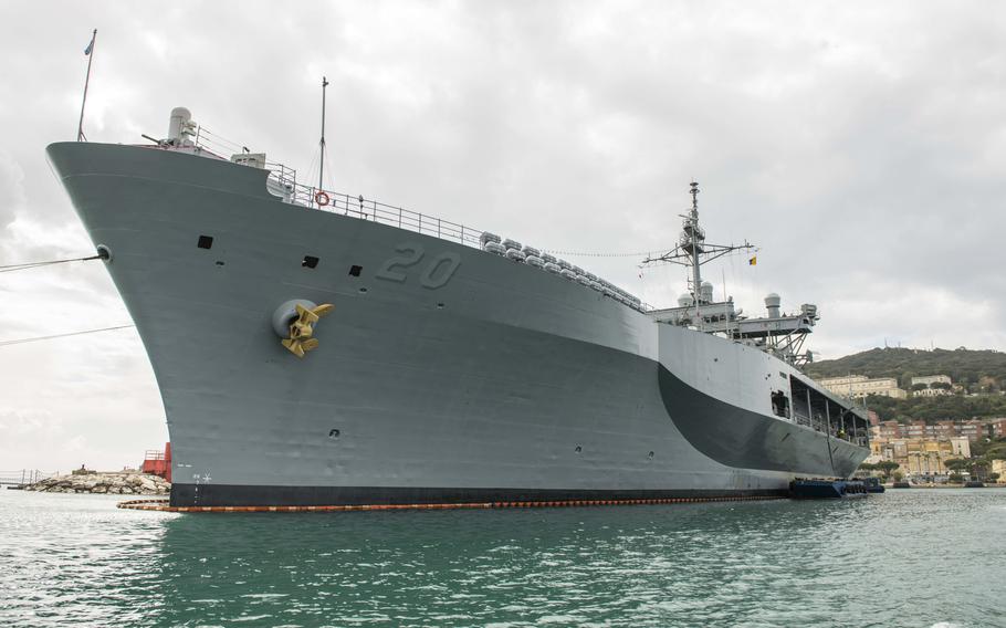 The USS Mount Whitney is moored off the coast of Italy in 2021. The 6th Fleet flagship is deployed to 5th Fleet and will take part in the first mission of Combined Task Force 153 in the Red Sea on April 17, 2022.