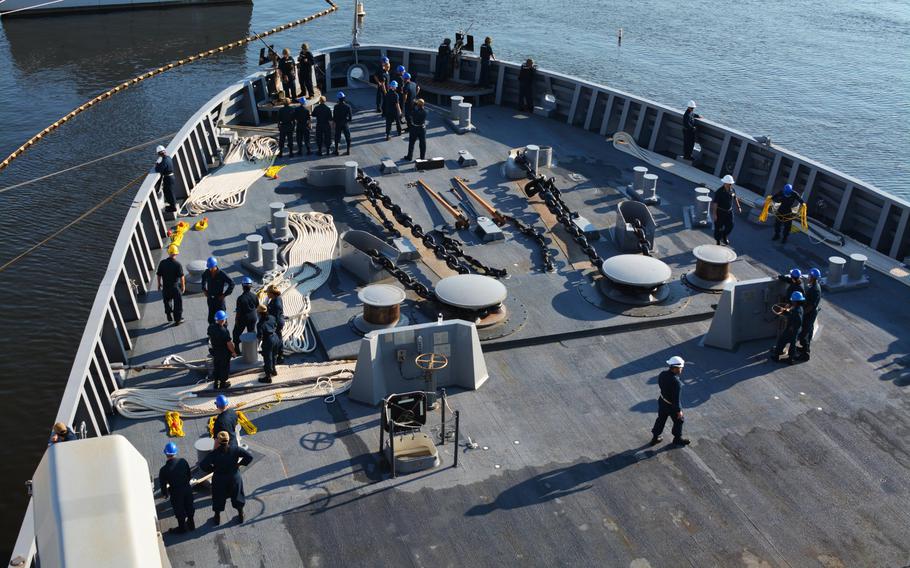 Amphibious transport dock ship USS Fort Lauderdale (LPD 28) sailed away from its berth at Ingalls Shipbuilding Monday, July 11, 2022, headed for the Florida city for which it is named and commissioning into the U.S. Navy fleet.