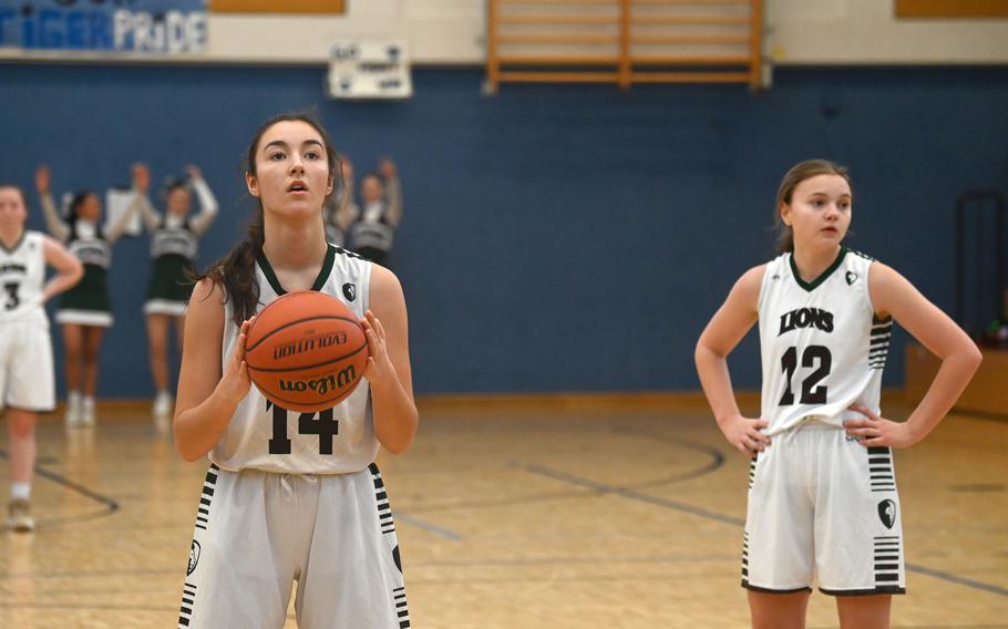 AFNORTH’s Maggie Masse shoots a pair of free throws during a game against the Tigers at Hohenfels High School on Jan. 13, 2024.