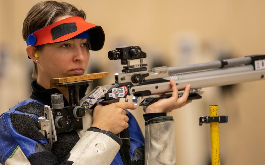 U.S. Army Sgt. and 2020 Olympian Sagen Maddalena competes in the USA Shooting Air Gun Olympic Trials Part 3 at the Civilian Marksmanship Program (CMP) Judith Legerski Competition Center in Anniston, Ala., Jan. 5-7, 2024.