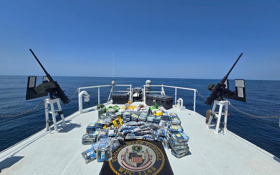 Narcotics are stacked on the deck of the USCGC Emlen Tunnell in the Arabian Sea.