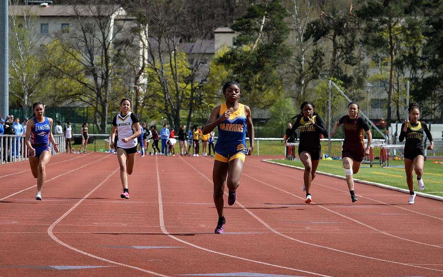 Wiesbaden Warrior Makiah Parker bests the competition during the 100-meter dash event of the DODEA-Europe Kaiserslautern Track and Field invitational in Kaiserslautern, Germany, Saturday, April 16,  2022.