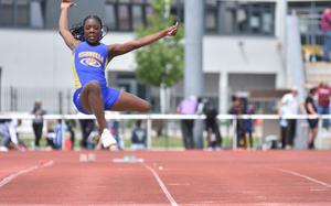 Sigonella junior Rickalia Goss soared 16 feet, 11 inches to win the girls’ long jump at the DODEA-Europe track and field championships in Kaiserslautern, Germany, on Thursday, May 23, 2024.