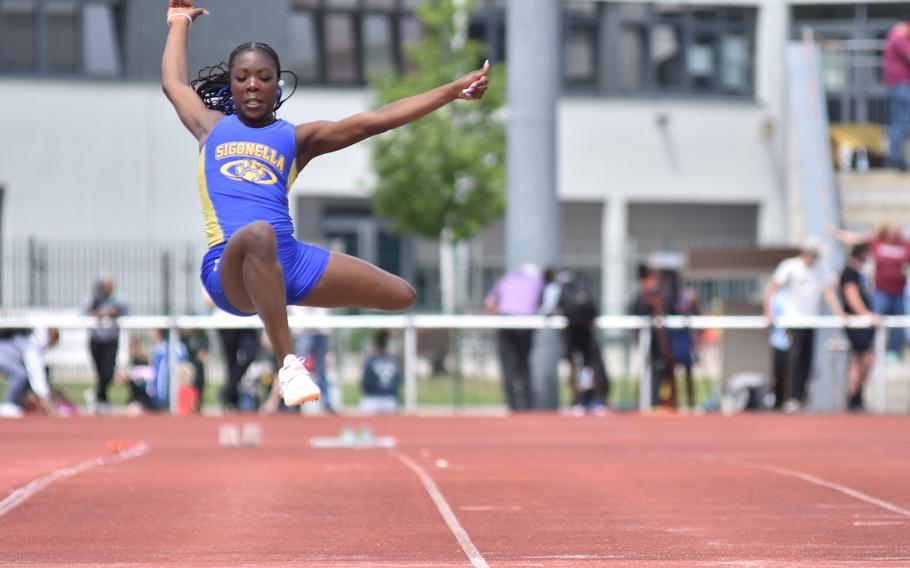 Sigonella junior Rickalia Goss soared 16 feet, 11 inches to win the girls’ long jump at the DODEA-Europe track and field championships in Kaiserslautern, Germany, on Thursday, May 23, 2024.