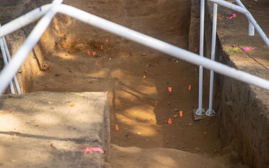 A Rowan University archaeological dig site in National Park, N.J., on Aug. 2, 2022. Archaeologists discovered 13 sets of remains of possible Hessian soldiers from the 1777 Battle of Red Bank.