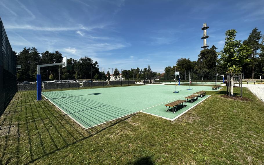 A basketball court, soccer fields and separate playgrounds for younger and older students are among the outdoor amenities at the new DODEA elementary school in Grafenwoehr, Germany.