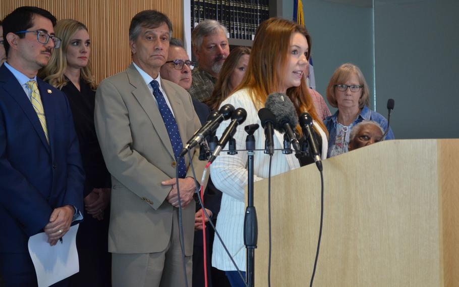 Anna Mayo, the sister of Air Force veteran Garrett Foster, speaks to news reporters on May 10, 2023, in Austin, Texas, about the 25-year prison sentence given to Army Sgt. Daniel Perry for killing her brother.